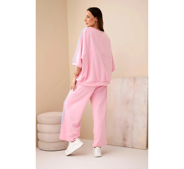 Dámsky viskózový maslový komplet so širokými nohavicami a voľnou blúzkou svetloružový