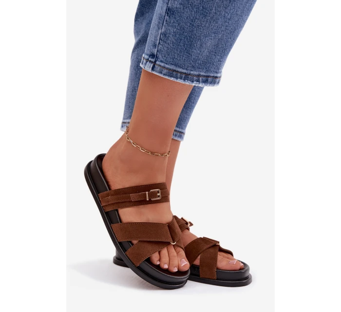 Dámské pantofle s pásky a zlatým sponou Hnědé Selorina