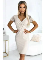 NINA Béžové dámské šaty s přeloženým obálkovým výstřihem, a páskem model 19639807 - numoco