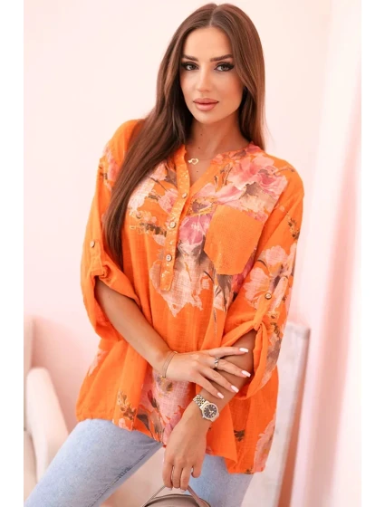Dámska bavlnená blúzka s kvetinovým vzorom a gombíkmi - oranžová