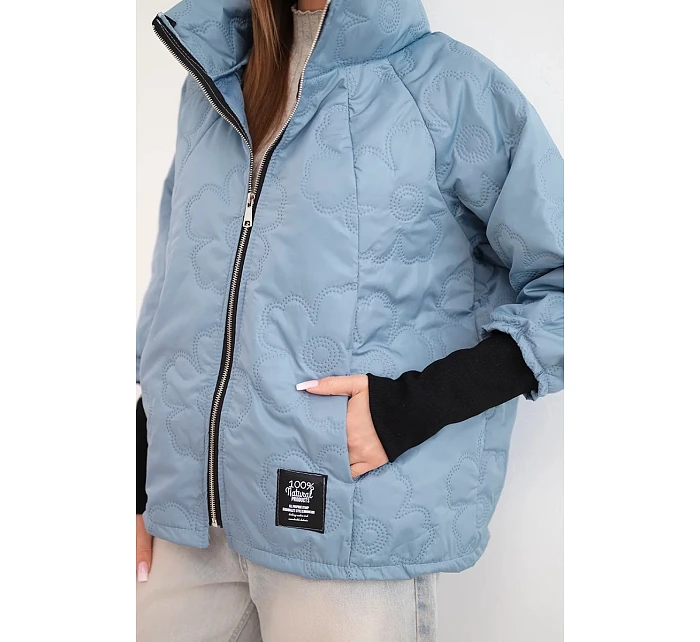 Dámska jarná prešívaná bunda s ozdobným potlačou a zipsom z džínsoviny