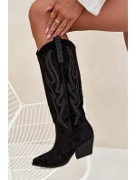 Dámske kovbojské čižmy na podpätku s ozdobou Jovina - čierne Dámske kovbojské čižmy na podpätku s ozdobou Jovina - čierne