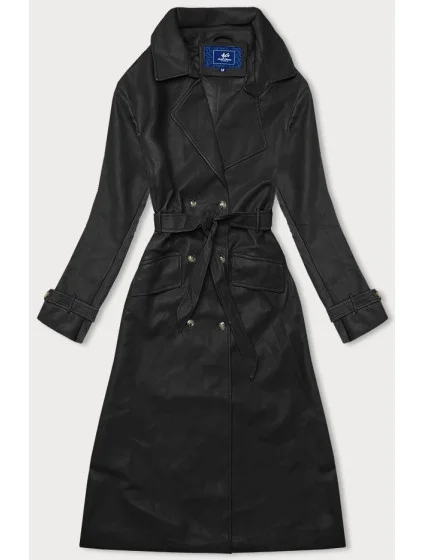 Čierny dvojradový klasický dámsky kabát z ekologickej kože AnnGissy (AG6-30)