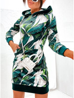 Zelené velurové šaty s kapucí a se vzorem listů (8250)