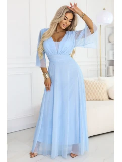 Dlouhé třpytivé plus size šaty s výstřihem a rukávy modré model 21957849 - numoco basic