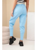 Dámske bavlnené nohavice s vysokým pásom a opaskom modré