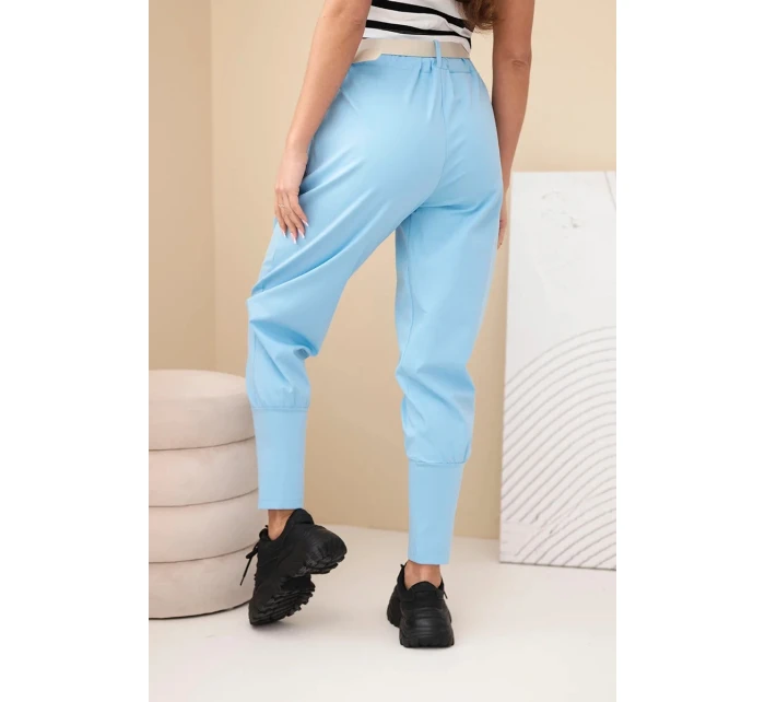 Dámske bavlnené nohavice s vysokým pásom a opaskom modré