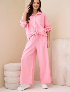 Dámský bavlněný komplet s košilí na zavazování a širokými nohavicemi světle růžová