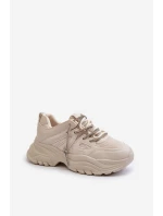 Sneakersy Damskie Na Masywnej Podeszwie Z Ozdobnym Sznurowaniem Beżowe Relissa Sneakersy Damskie Na Masywnej Podeszwie Z Ozdobnym Sznurowaniem Beżowe Relissa