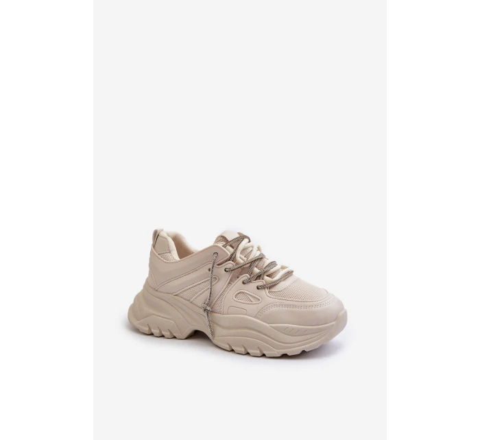 Sneakersy Damskie Na Masywnej Podeszwie Z Ozdobnym Sznurowaniem Beżowe Relissa Sneakersy Damskie Na Masywnej Podeszwie Z Ozdobnym Sznurowaniem Beżowe Relissa