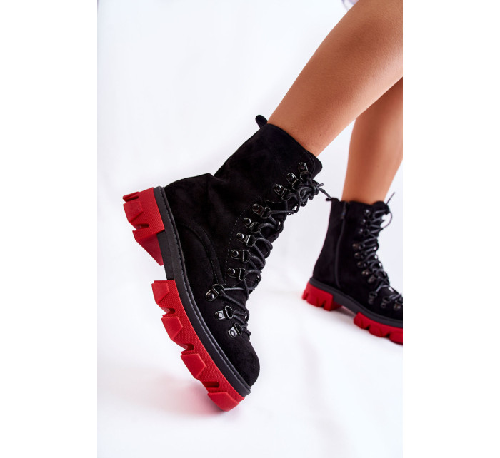 Teplé semišové pracovné topánky Pierro s uzlami čierno-červené