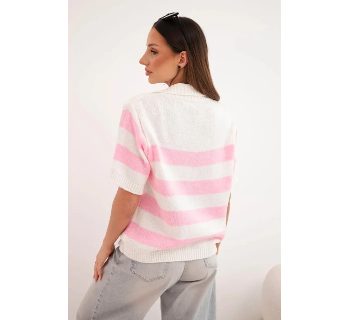 Dámský pruhovaný svetr s límcem a krátkým rukávem ecru Dámský pruhovaný svetr s límcem a krátkým rukávem ecru