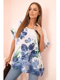 Dámska bavlnená blúzka s kvetinovou potlačou a krátkymi rukávmi biela