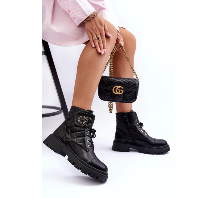 Workery Botki Damskie Z Ozdobą Czarne Toye Workery Botki Damskie Z Ozdobą Czarne Toye