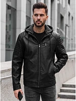 Pánska kožená zateplená bunda s kapucňou, čierna, FashionStreet TX5143 Pánska kožená zateplená bunda s kapucňou, čierna, FashionStreet TX5143