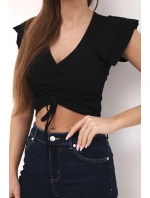 Dámska rebrovaná blúzka na ramienka s volánom čierna