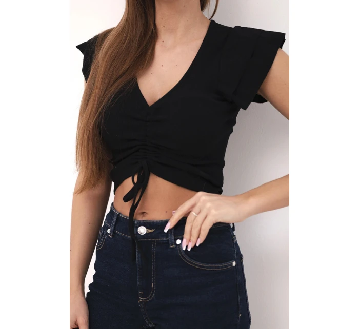 Dámska rebrovaná blúzka na ramienka s volánom čierna