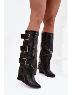 Dámské kozačky na platformě s  lemem a přezkami Černé model 21747887 - Boto