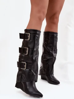 Dámské kozačky na platformě s  lemem a přezkami Černé model 21747887 - Boto