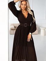 414-11 KLARA plisované elegantné midi šaty s opaskom a výstrihom - čokoládové