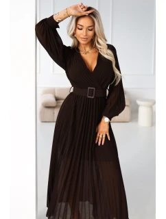 model 21787448 KLARA plisované elegantní midi šaty s páskem a výstřihem čokoládové - numoco basic