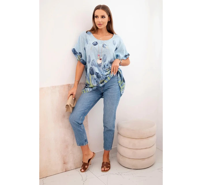 Dámská bavlněná košile s květinovým vzorem modrý