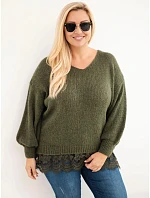 Dámský svetr Plus Size s krajkovým spodkem khaki