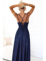 589-2 Dlhé šaty s jemnými trblietkami a korzetovým viazaním vzadu - tmavomodré s trblietkami