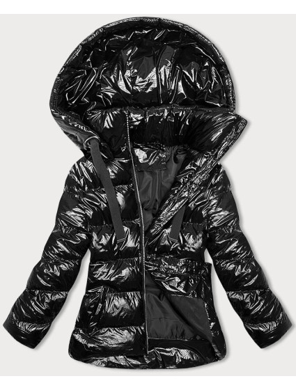 Lesklá čierna dámska bunda s kapucňou (5M3172-392)