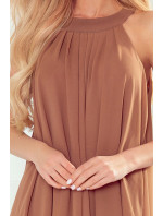 ALIZEE - Dámske šifónové šaty v mocca farbe so zaväzovaním 350-8