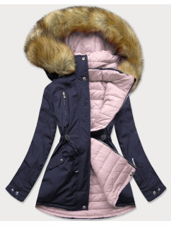 Tmavo modro-ružová obojstranná dámska zimná bunda s kapucňou (W213BIG)
