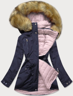 Tmavo modro-ružová obojstranná dámska zimná bunda s kapucňou (W213BIG)
