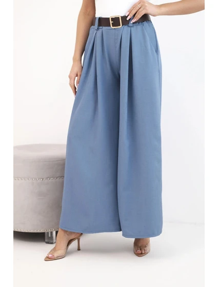 Dámské kalhoty s širokou nohavicí a páskem model 21893621 modré - K-Fashion