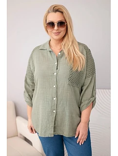 Dámská viskózová košile Plus Size s límečkem a krajkovou vsadkou khaki