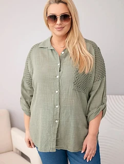Dámská viskózová košile Plus Size s límečkem a krajkovou vsadkou khaki