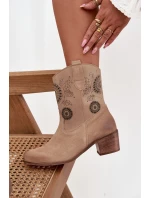 Zamszowe Skórzane Botki Damskie Ażurowe Na Obcasie Zazoo 3844 Beżowe
