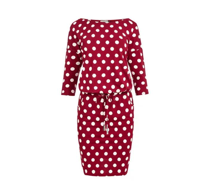 Dámske športové šaty v bordovej farbe s bodkami, zaväzovaním a kapsičkami 13-111