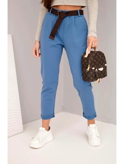 Dámske bavlnené nohavice s opaskom a rozšírenými nohavicami z džínsoviny