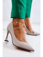 Modne Skórzane Szpilki Jasnoszare Tamira