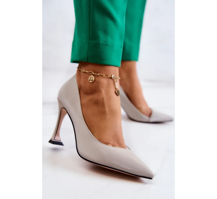 Modne Skórzane Szpilki Jasnoszare Tamira