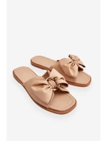 Damskie Skórzane Klapki Z Kokardą Beżowe Becky Damskie Skórzane Klapki Z Kokardą Beżowe Becky