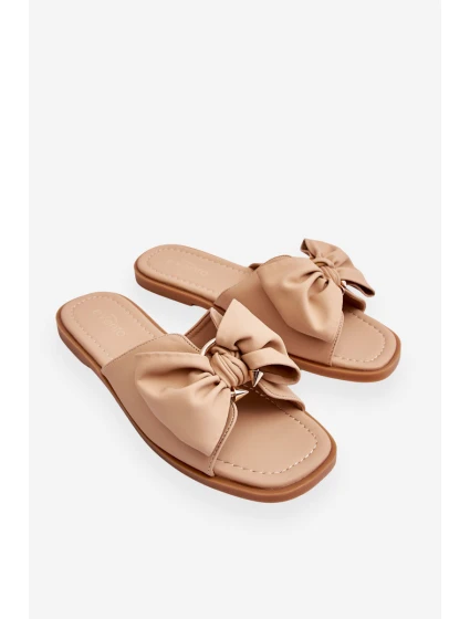 Damskie Skórzane Klapki Z Kokardą Beżowe Becky Damskie Skórzane Klapki Z Kokardą Beżowe Becky