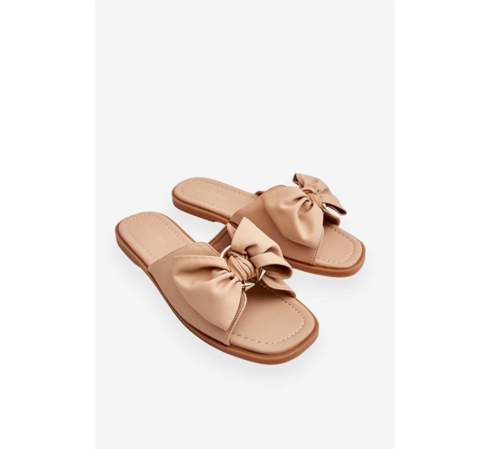 Damskie Skórzane Klapki Z Kokardą Beżowe Becky Damskie Skórzane Klapki Z Kokardą Beżowe Becky