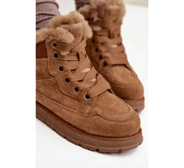 Zamszowe Śniegowce Trapery Damskie Na Platformie Z Futerkiem Big Star SS274370 Camel