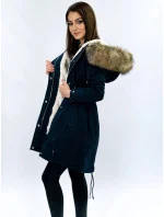 Tmavě modrá dámská zimní bunda parka s kapucí a odepínací kožešinovou podšívkou model 21242084 - Libland