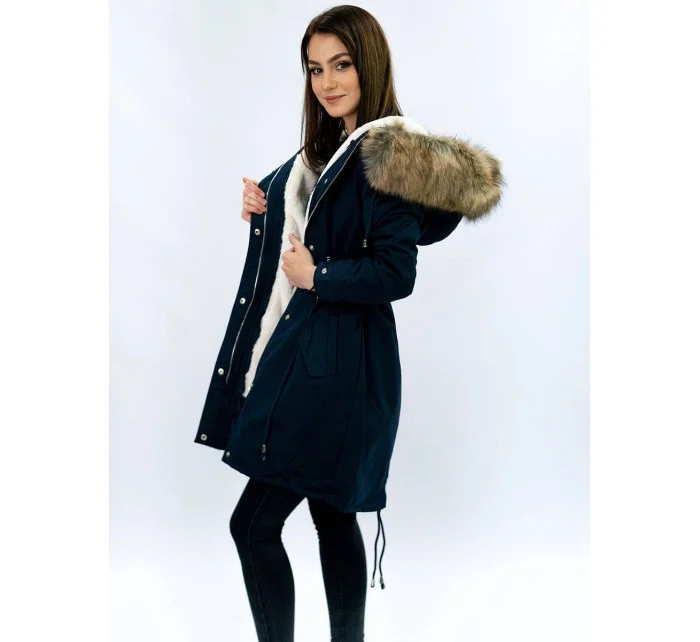 Tmavě modrá dámská zimní bunda parka s kapucí a odepínací kožešinovou podšívkou model 21242084 - Libland