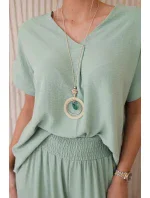 Komplet s náhrdelníkem halenka + kalhoty tmavá máta Komplet s náhrdelníkem halenka + kalhoty tmavá máta