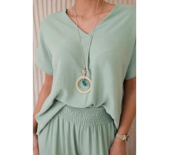 Komplet s náhrdelníkem halenka + kalhoty tmavá máta Komplet s náhrdelníkem halenka + kalhoty tmavá máta