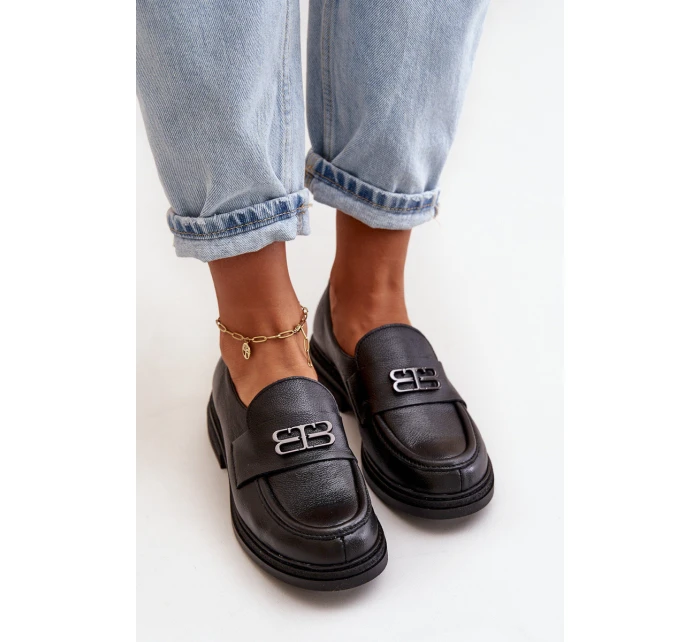 Zazoo 20174 Skórzane Eleganckie Półbuty Damskie Na Płaskim Obcasie Czarne