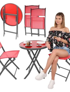 BALKÓNOVÝ NÁBYTOK SADA OKRÚHLY STÔL A 2 SKLADACIE STOLIČKY ČERVENÁ